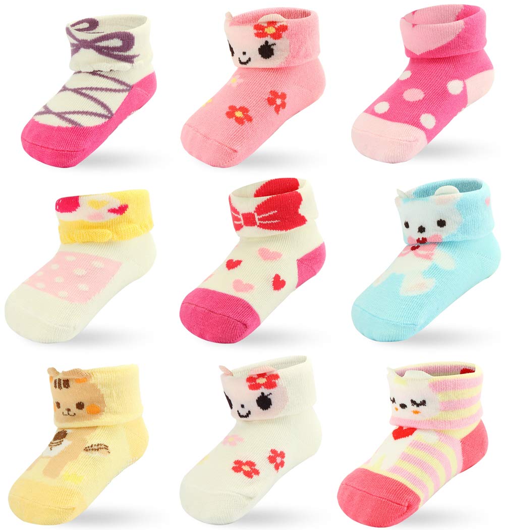 9 Pairs Baby Girl Non-Slip Grip Socks - Soft Cotton Anti-Skid Infant & Toddler Socks for Newborn to 24 Months - Perfect for Playtime, Daycare & First Steps