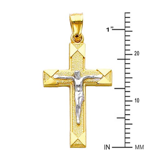14K Two Tone Gold Jesus Cross Religious Charm Pendant with 1.5mm Flat Open Wheat Chain Necklace - Elegant Christian Jewelry Gift for Baptism, Confirmation & Daily Wear