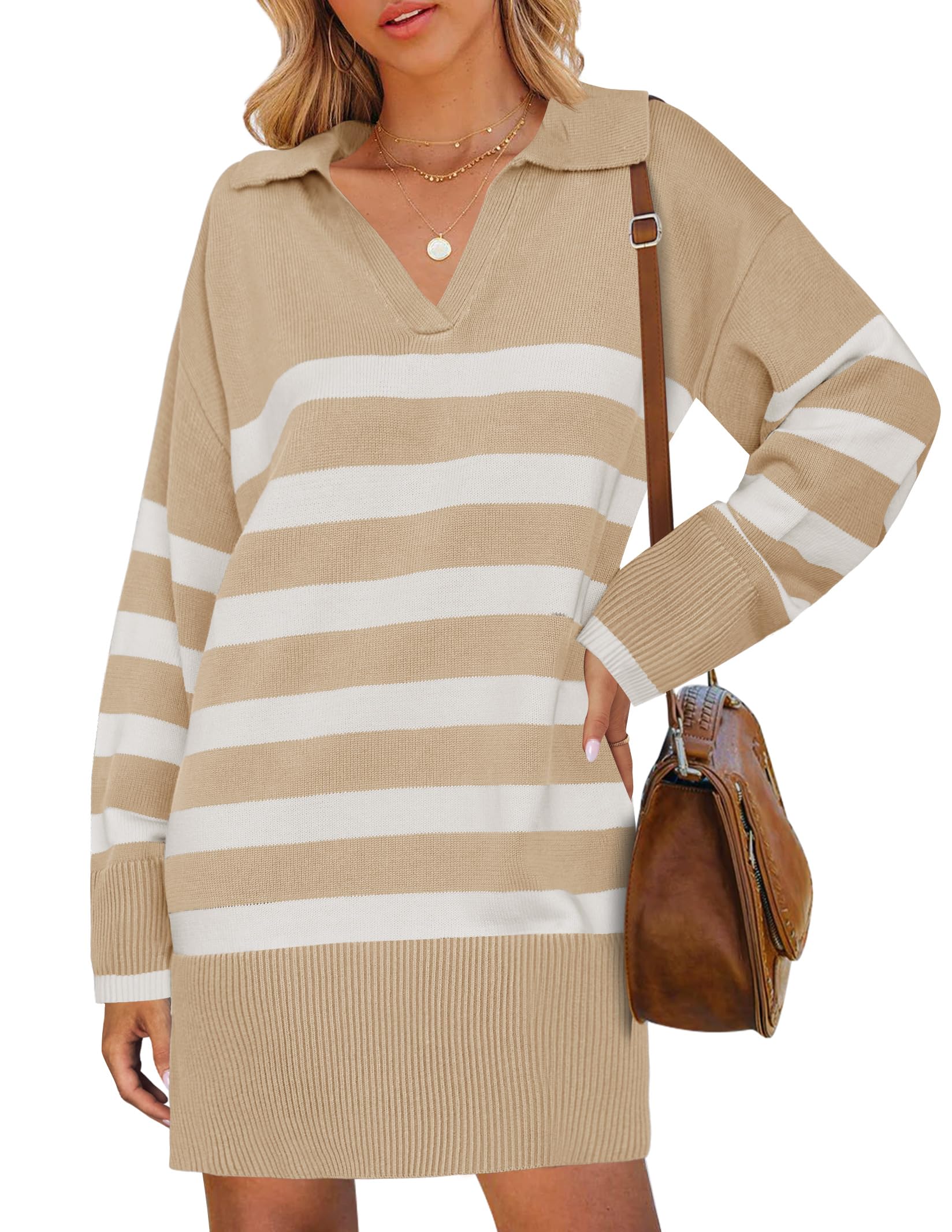 ZESICA Women's Striped Sweater Dress - Long Sleeve V-Neck Loose Knit Mini Dress for Spring | Casual Outfit, Date Night, Office Wear & Weekend Fashion