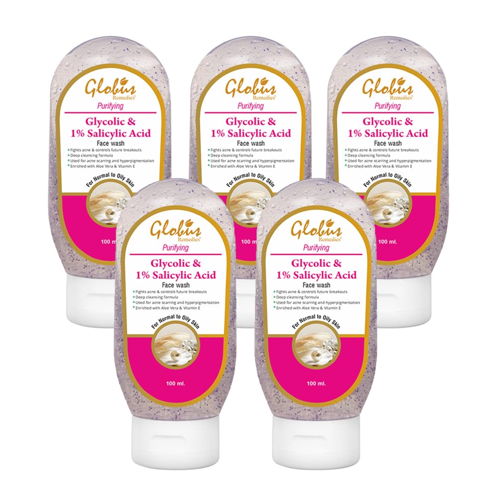 Globus Acne Treatment Face Wash with Glycolic & Salicylic Acid - 100ml (5 Pack) | Deep Cleansing for Oily & Acne-Prone Skin | Daily Skincare Routine for Clear Complexion