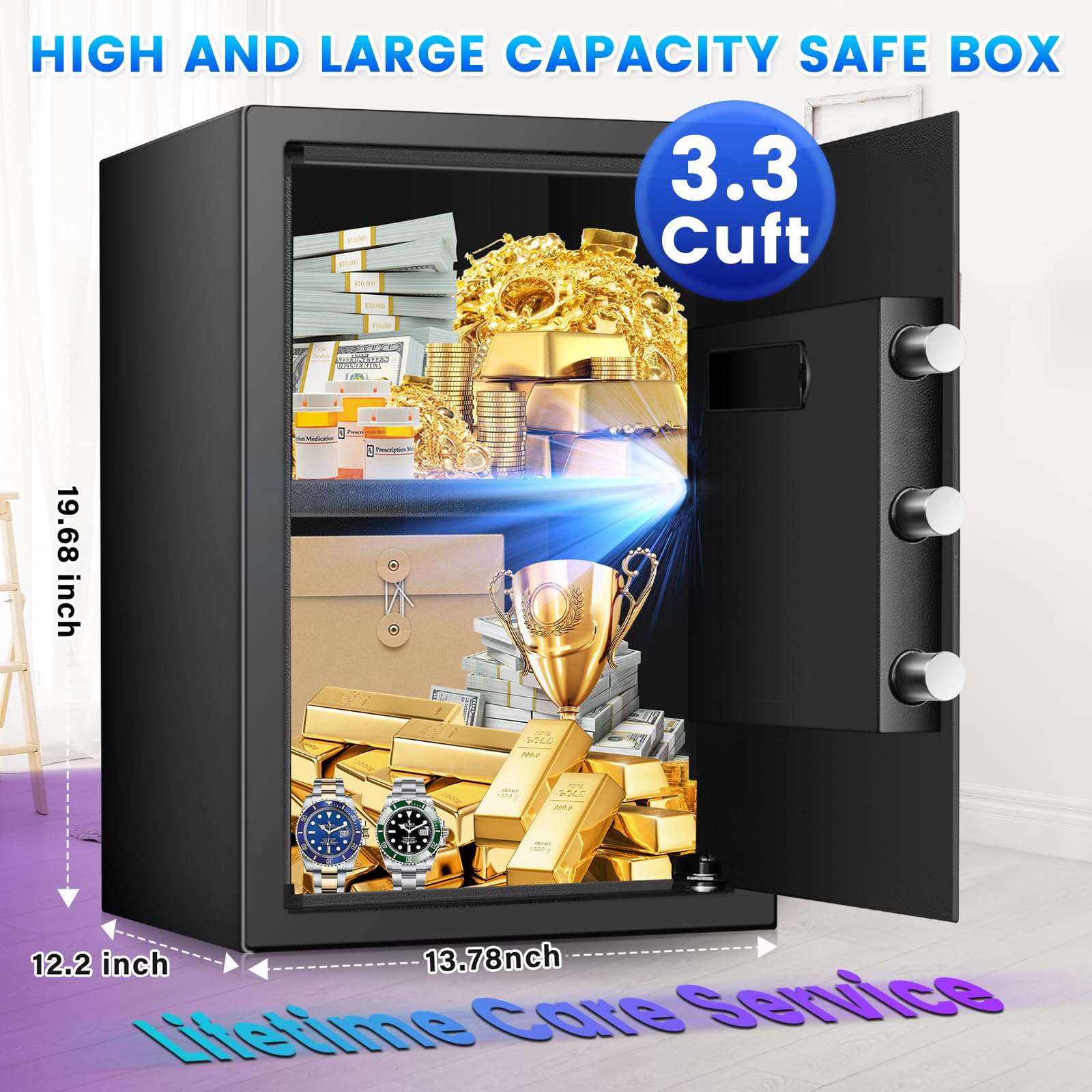 3.3 Cu Ft Fireproof & Waterproof Home Safe Box - Digital Security Lock with Smart Alert System, Anti-Theft Protection for Money & Jewelry - Removable Shelf & Mute Function - Ideal for Home, Office & Travel Use