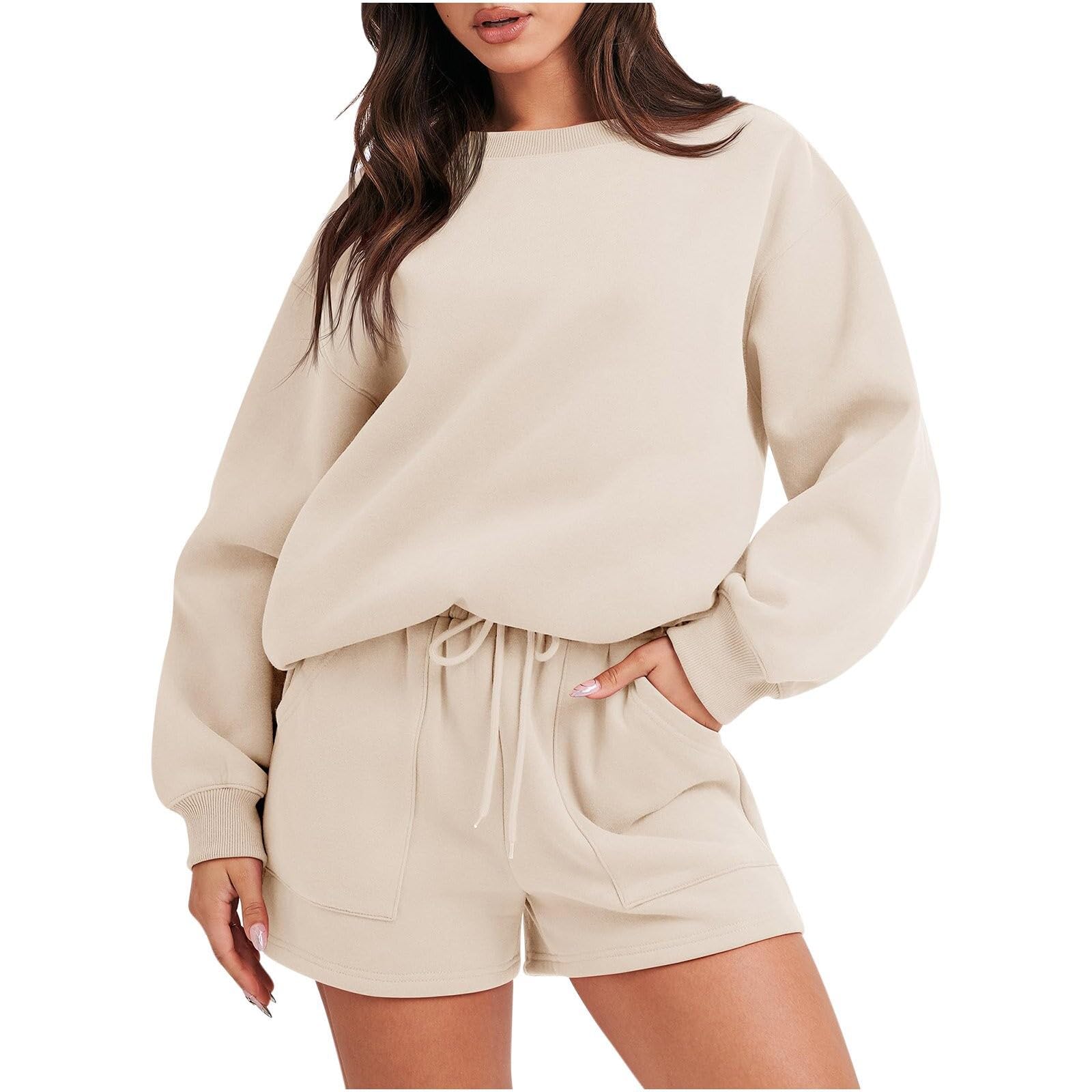 Women's Solid Color Lounge Set - Long Sleeve Round Neck Top & Sports Shorts 2-Piece Outfit (S-3XL) | Comfy Home Wear, Yoga, Casual, Sleepwear, Relaxation