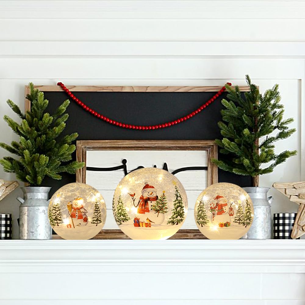 YEAHOME 3-Pack LED Crackle Glass Ball Christmas Decorations with Timer - Snowman Lighted Globes for Indoor Fireplace Mantel, Tabletop, Holiday Home Decor | Perfect for Christmas Tree, Gift Exchange & Festive Party Decor