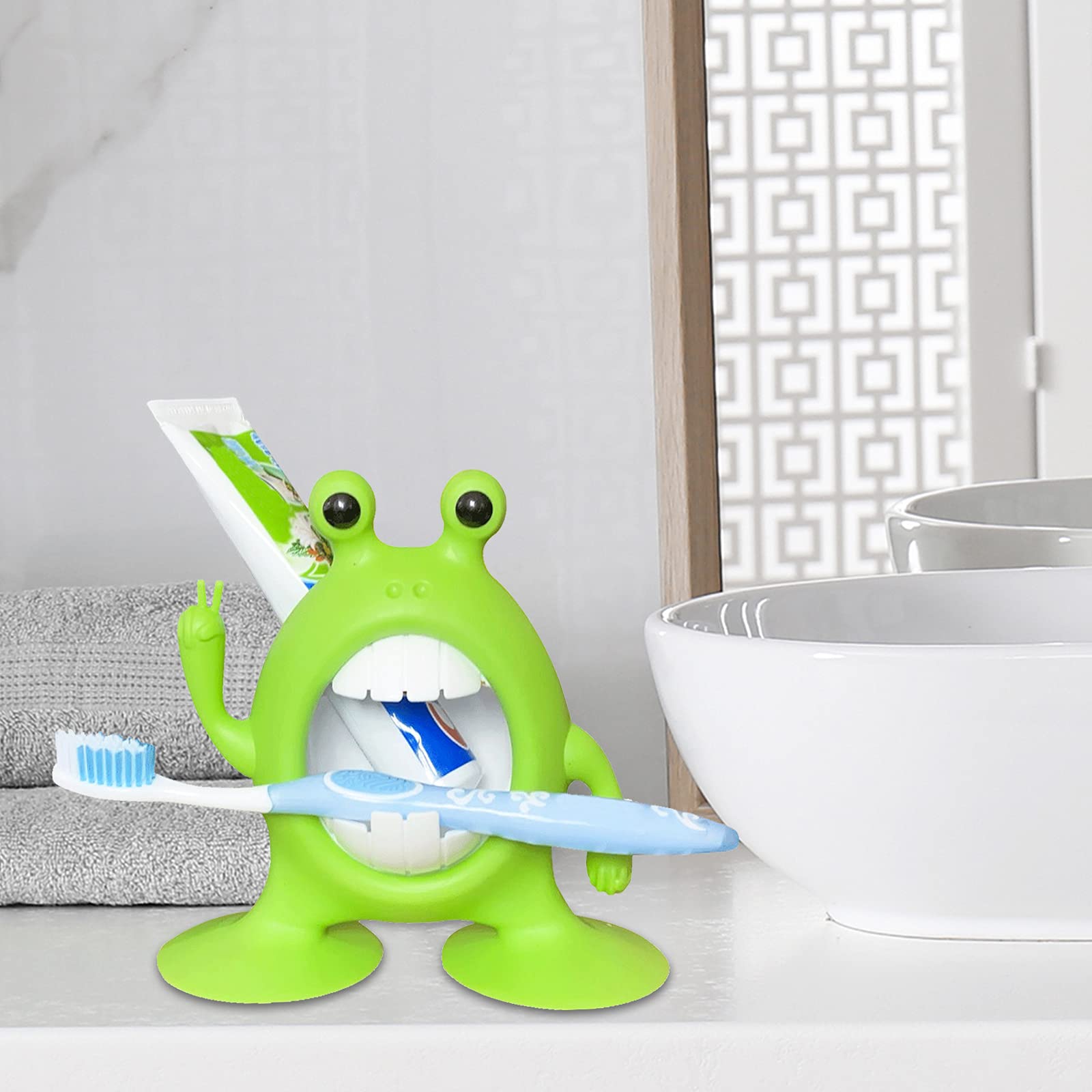 Adorable Cartoon Frog Toothbrush Holder for Kids - Toddler Bathroom Accessories with Toothpaste Cup, Green - Perfect for Boys & Girls Bathroom Decor and Organization