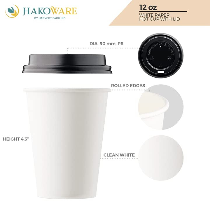 1000 Pack 12oz White Disposable Paper Cups with Black Lids - Hot & Cold Drink Cups for Coffee, Tea, Cocoa, Latte, Espresso - Perfect for Cafes, Offices, Parties, and Events