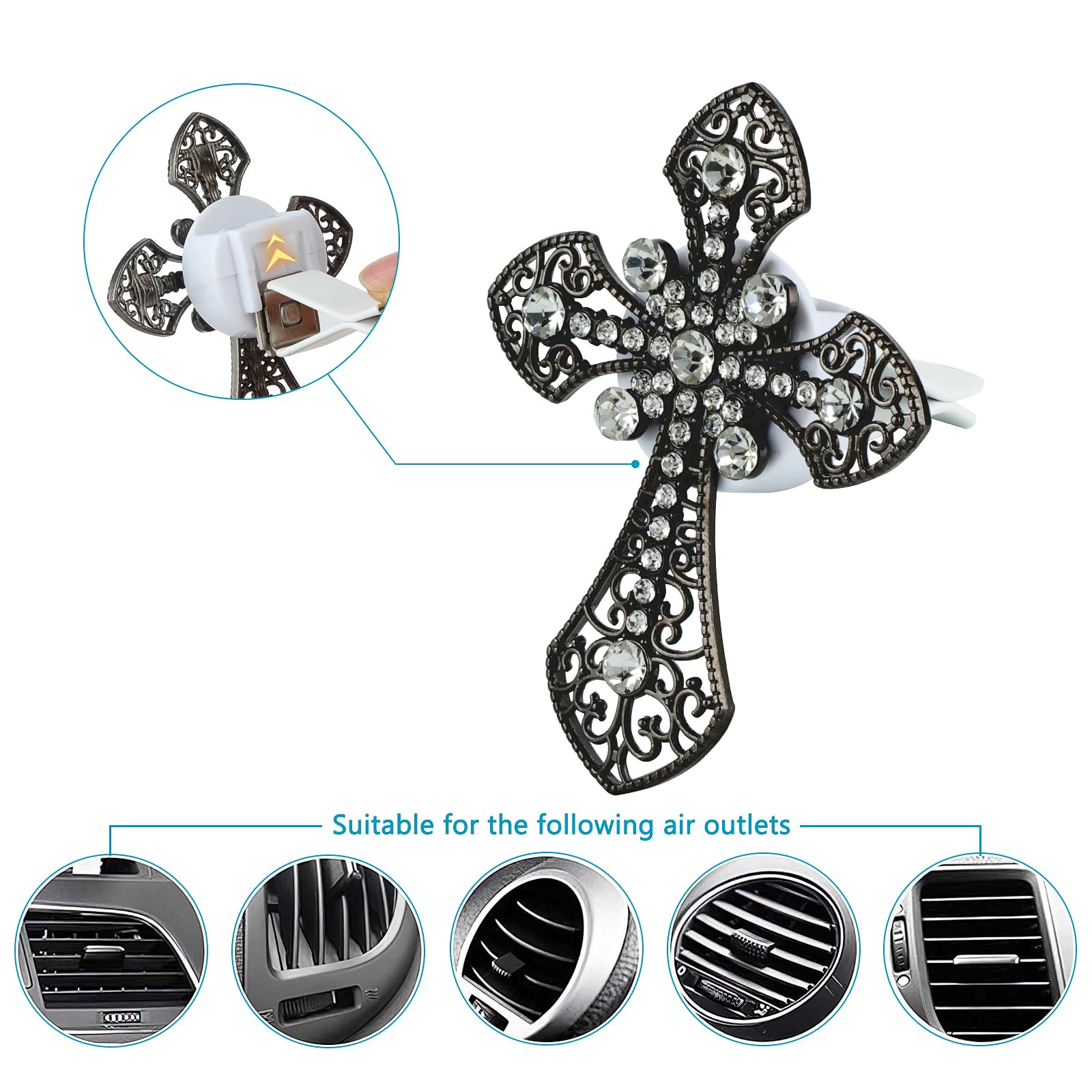 Elegant Car Air Freshener - Classic Metal Cross Design with Bling Diamonds for Auto AC Vent | Black Scented Perfume Clip | Perfect for Vehicles, Offices & Home Decor