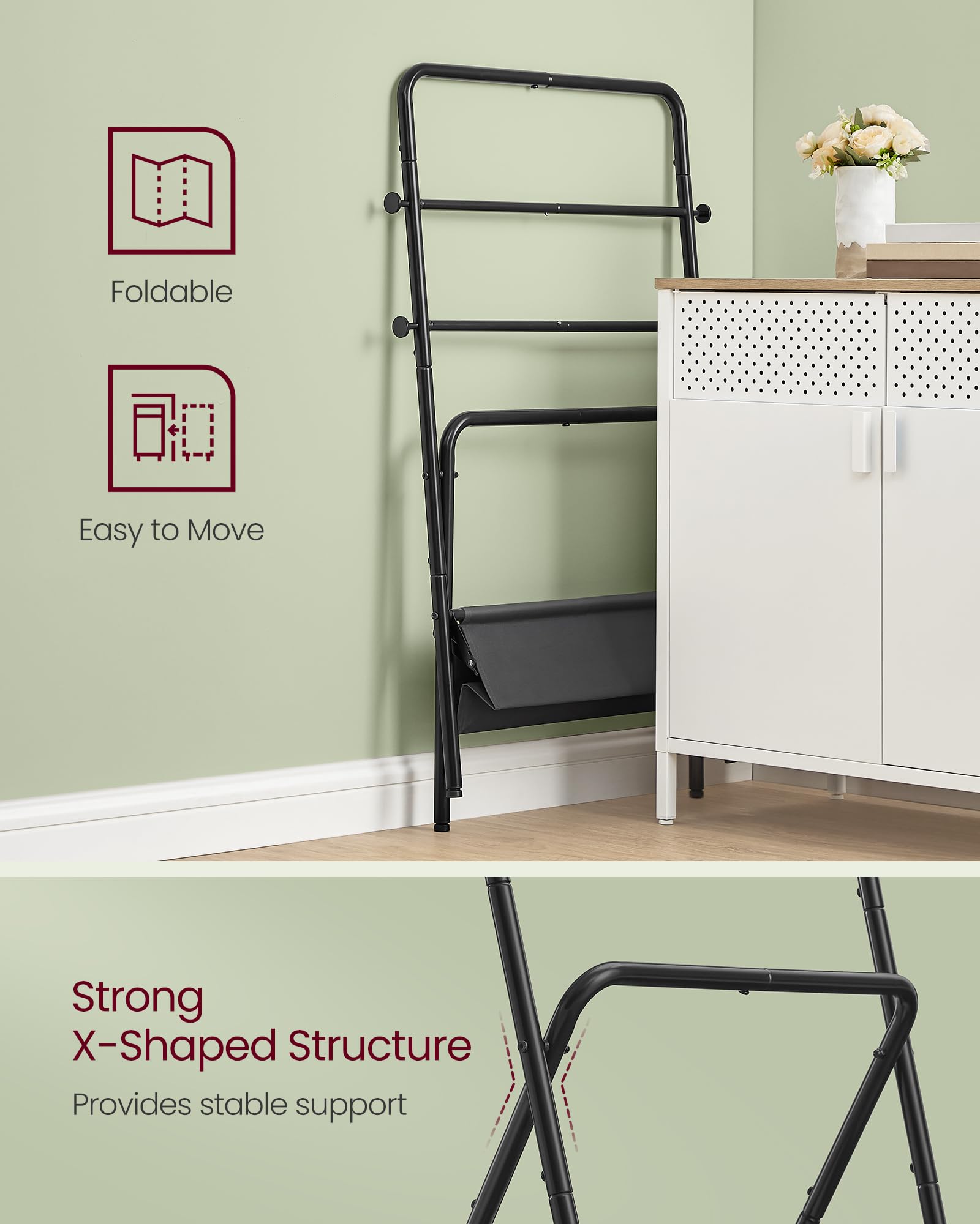 VASAGLE Freestanding Towel Rack with 4 Hooks - Foldable Blanket Holder & Fabric Storage Basket, 39 Inch Height, for Bathroom Bedroom Living Room - Ink Black & Slate Gray ULLS020B01 | Space-Saving Organizer for Towels, Blankets & Home Decor