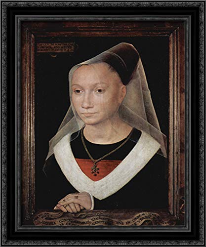 Hand-Painted Hans Memling Young Woman Portrait Canvas Art - 20x24 Inch Black Ornate Wood Frame - Renaissance Wall Decor for Living Room, Bedroom & Office