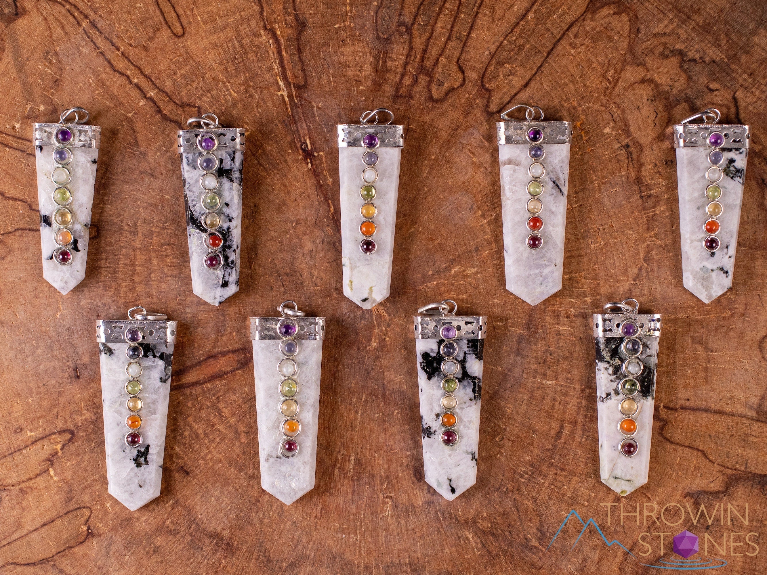 Handmade Chakra & Rainbow Moonstone Crystal Pendant with Crystal Points - Natural Healing Stones for Meditation, Energy Balancing & Spiritual Jewelry - Perfect for Yoga, Reiki & Gift Giving