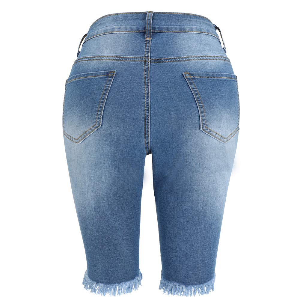 THUNDER STAR Women's Ripped Denim Bermuda Shorts - Distressed Knee-Length Stretch Jeans Shorts for Casual Wear & Summer Outfits