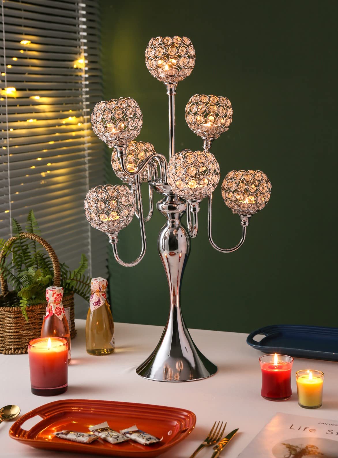 LANLONG 7-Arm Silver Crystal Candelabra - Elegant Tall Candle Holder for Wedding Centerpiece, Christmas Decor, Dinner Party Table Decorations | Perfect for Home Decor, Holiday Events & Romantic Ambiance