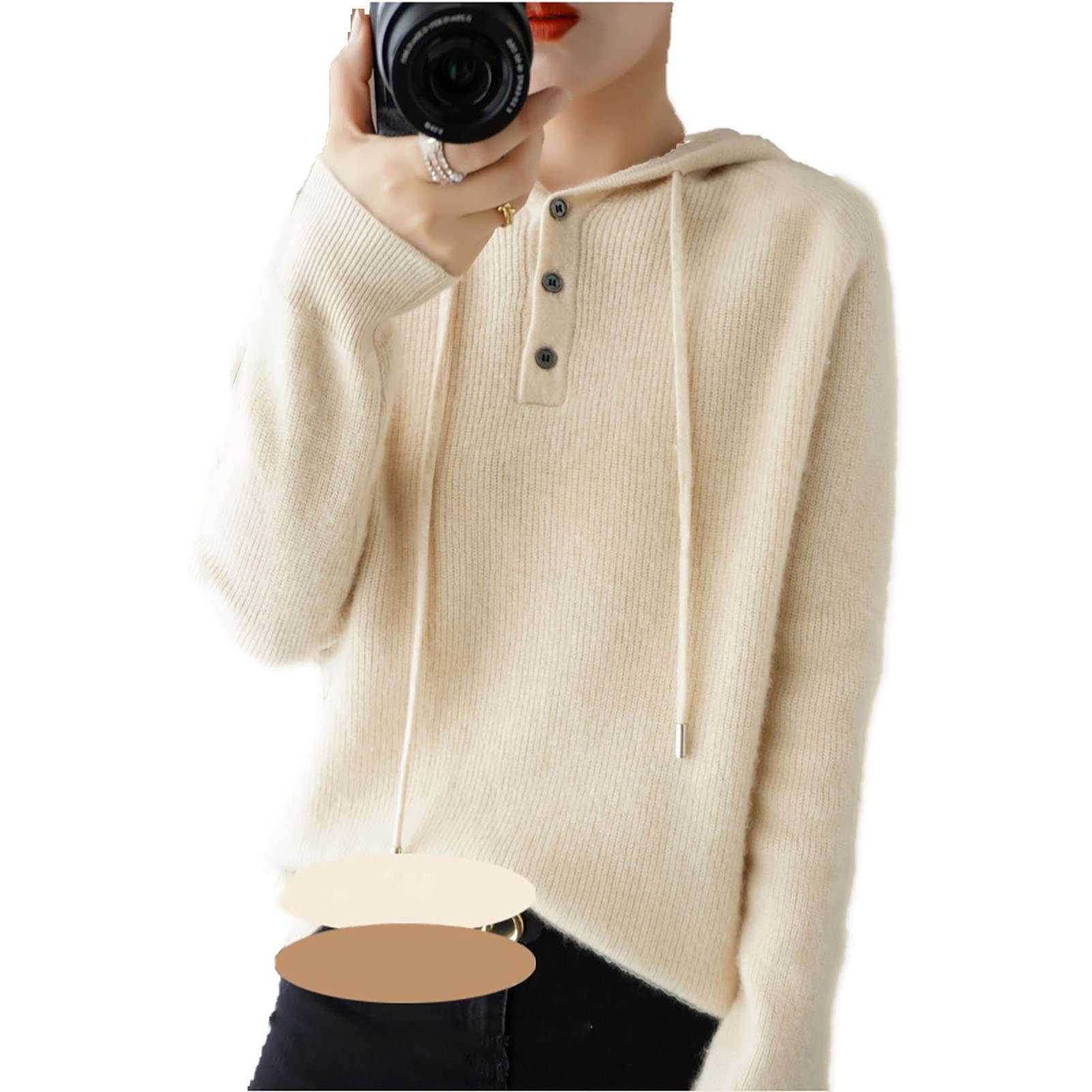 Women's Wool Hoodie - Soft Casual Long Sleeve Pullover Sweatshirt, Loose Fit Solid Color Top (Beige, Small) | Perfect for Fall Layering, Outdoor Activities & Cozy Home Wear