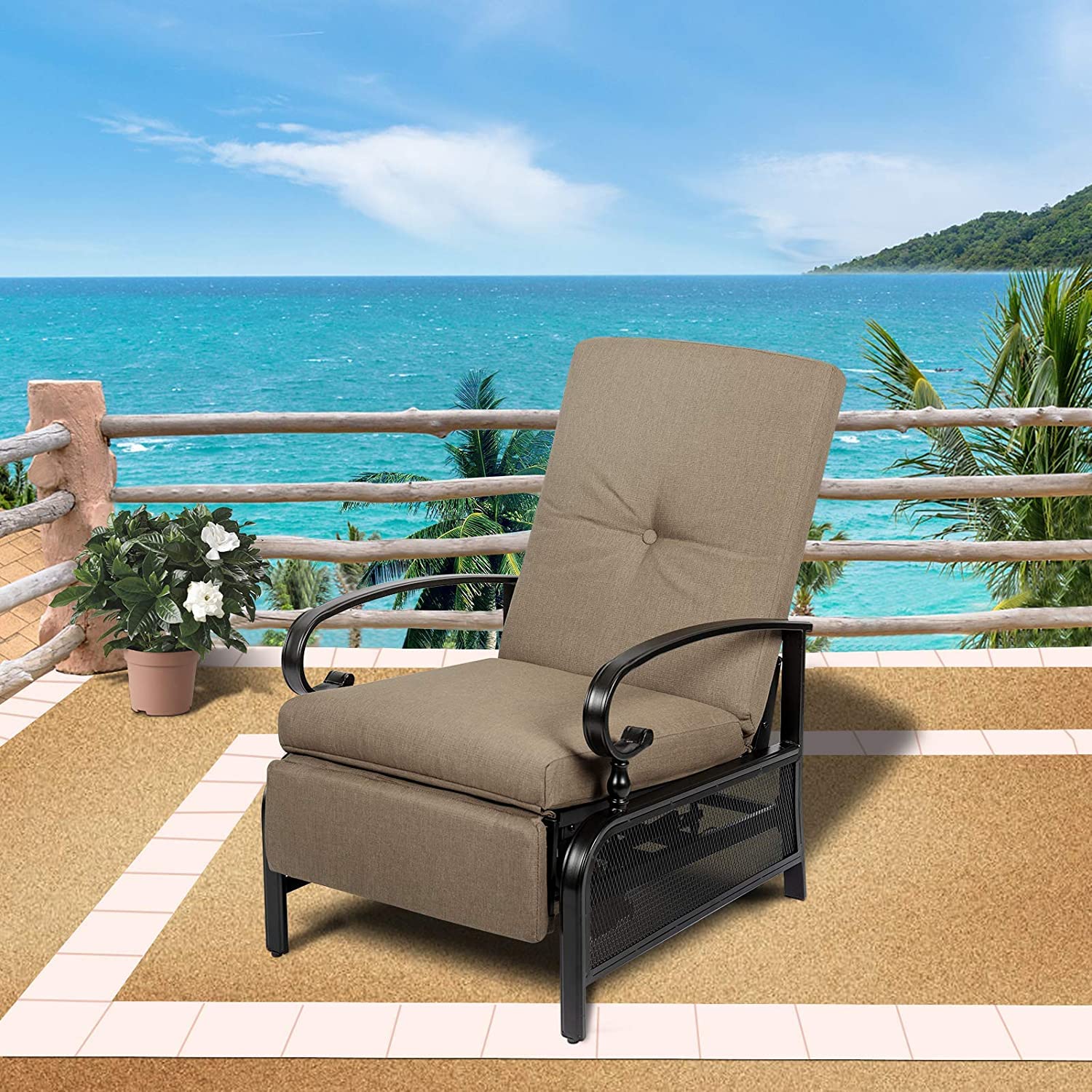 Adjustable Outdoor Lounge Chair with Removable Cushions - Durable Metal Recliner Sofa for Patio, Garden, Poolside, Backyard - Comfortable Brown Sunbathing Chair - Perfect for Relaxing, Lounging, and Enjoying Outdoor Spaces