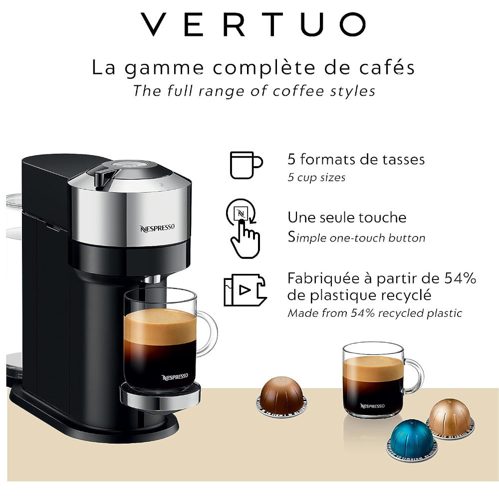 Original Coffee Maker NESPRESSO Vertuo Next Chrome ENV120 - Perfect for Home, Office & Gifting - Brews Espresso & Coffee with One-Touch Convenience