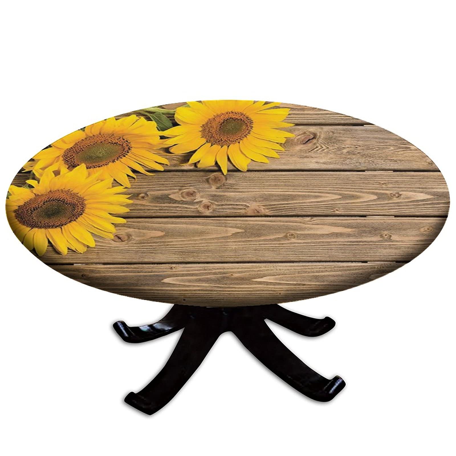 Sunflower Fitted Tablecloth Round 60 Inch - Elastic Edge Wood Grain Country Style Table Cover for Kitchen Dining Room, Outdoor Picnic Party & Decorative Use