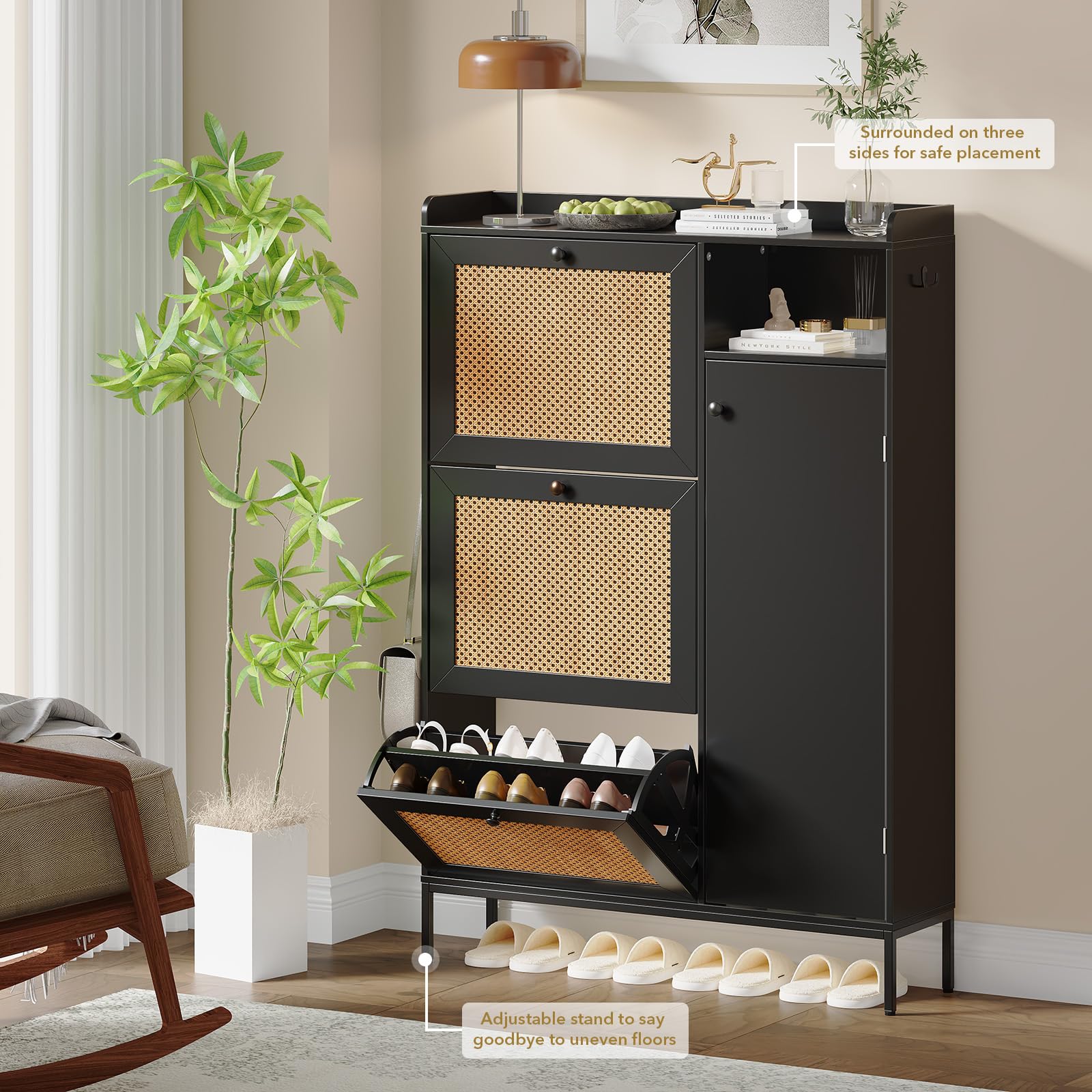 GAOMON 3-Tier Flip Drawer Shoe Storage Cabinet - Rattan Freestanding Shoe Organizer with Adjustable Shelves & Metal Knob for Entryway, Hallway, Closet - Space Saving Narrow Shoe Rack for Small Spaces - Easy Assembly (Black) - Perfect for Apartments, Dorms & Tight Spaces