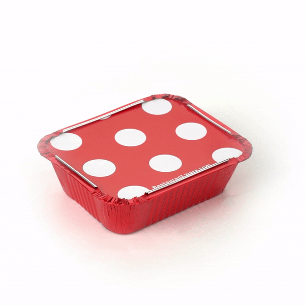 12 oz Rectangle Red Aluminum Take Out Containers with Polka Dot Paper Lids - 5 3/4