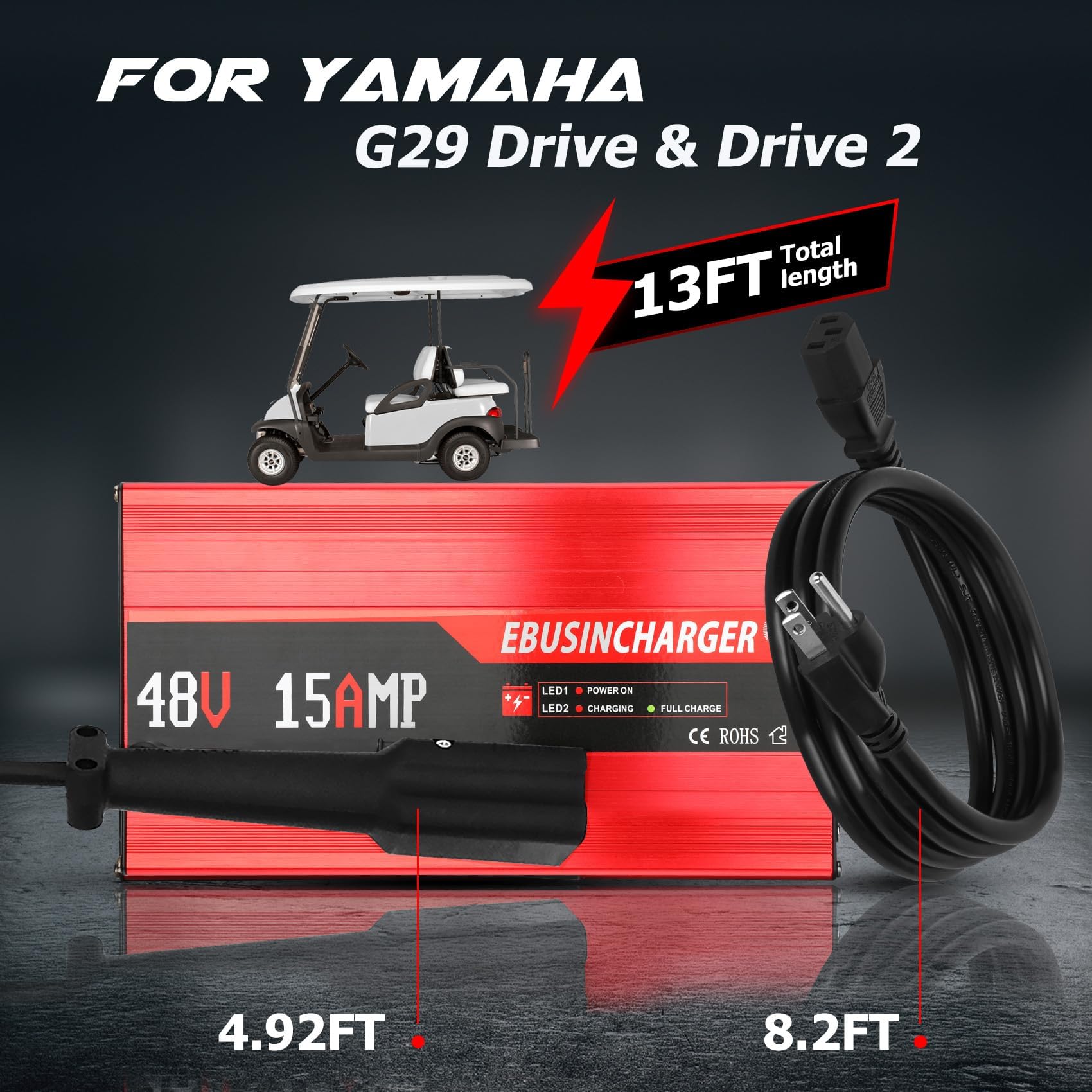 48V 15A Golf Cart Battery Charger for Yamaha G29 Drive & Drive 2 - Smart Charger with Trickle Charge & 3-Pin Leaf Plug - Fast 6-8 Hour Full Charge - Perfect for Home, Golf Course & RV Use