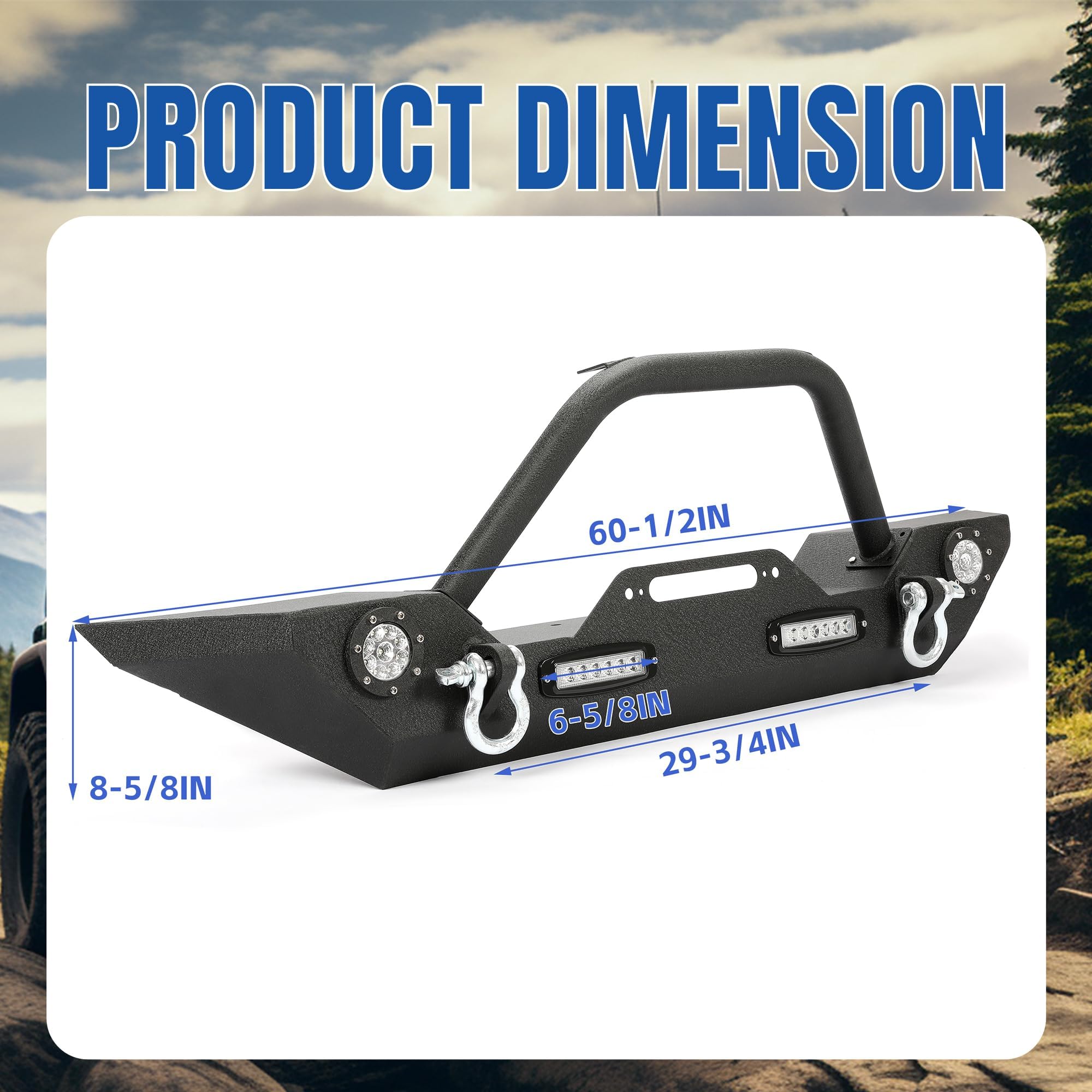 KUAFU Black Front Bumper with LED Lights, D-Rings & Winch Plate - Compatible with 2007-2025 Jeep Wrangler JK, Unlimited JL & Gladiator JT | Off-Road Adventure & Truck Protection Accessory