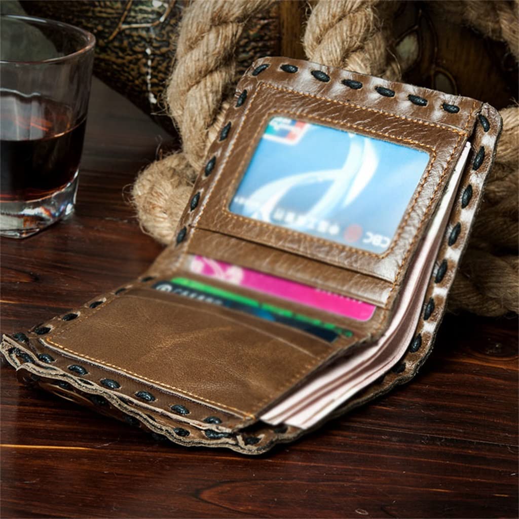 Handmade Genuine Leather Wallet for Men - Retro Short Style Card Holder with Money Clip & Woven Design - Perfect for Everyday Carry, Travel & Business (Gift Box Included)