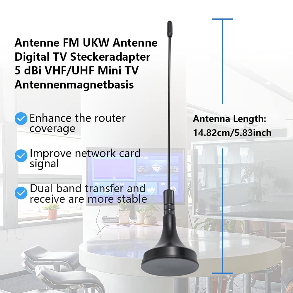 5dBi Indoor Digital HDTV Antenna with Magnetic Base - VHF UHF Mini TV Antenna for Smart TV, DVD, LCD TV & DVB-T Devices - 1.5m RG174 Coax Cable - Perfect for Home, Office & RV Entertainment