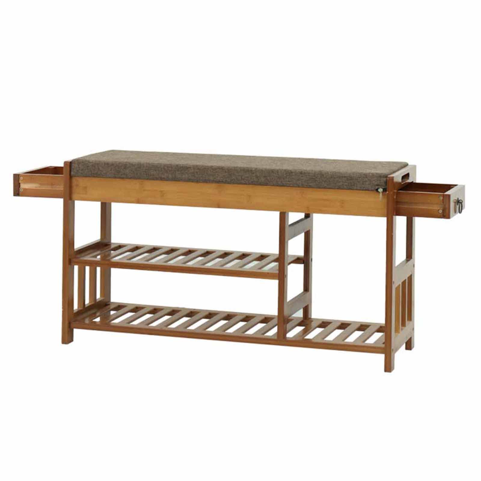 2-Tier Bamboo Shoe Rack Storage Bench with Cushion - Multifunctional Entryway Organizer with Drawer - Bedroom Boot Stool for Shoes & Boots | Perfect for Small Spaces, Hallway Storage & Bed End Seating