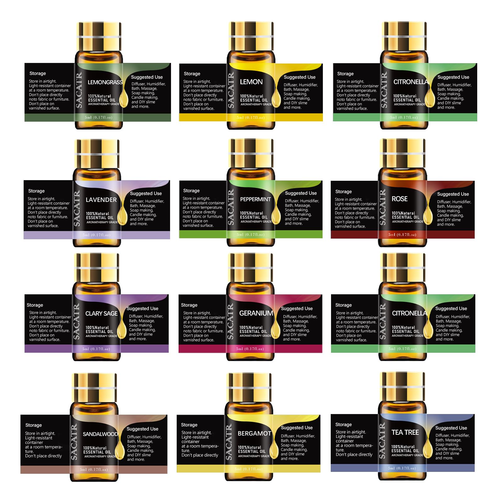 SACATR Natural Essential Oils Set - Top 12 Pure Essential Oils for Aromatherapy, Diffuser, Skin Care & Massage (5ml Each) | Perfect for Relaxation, Spa & Home Fragrance