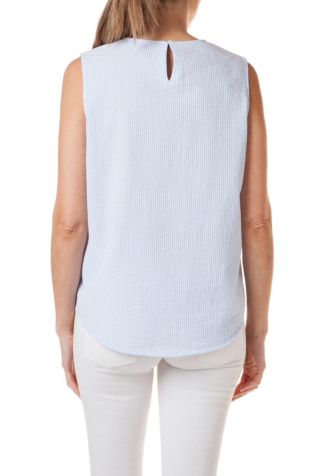 Women's Sleeveless Blue Seersucker Top - Breathable Summer Blouse for Casual Wear & Beach Outings