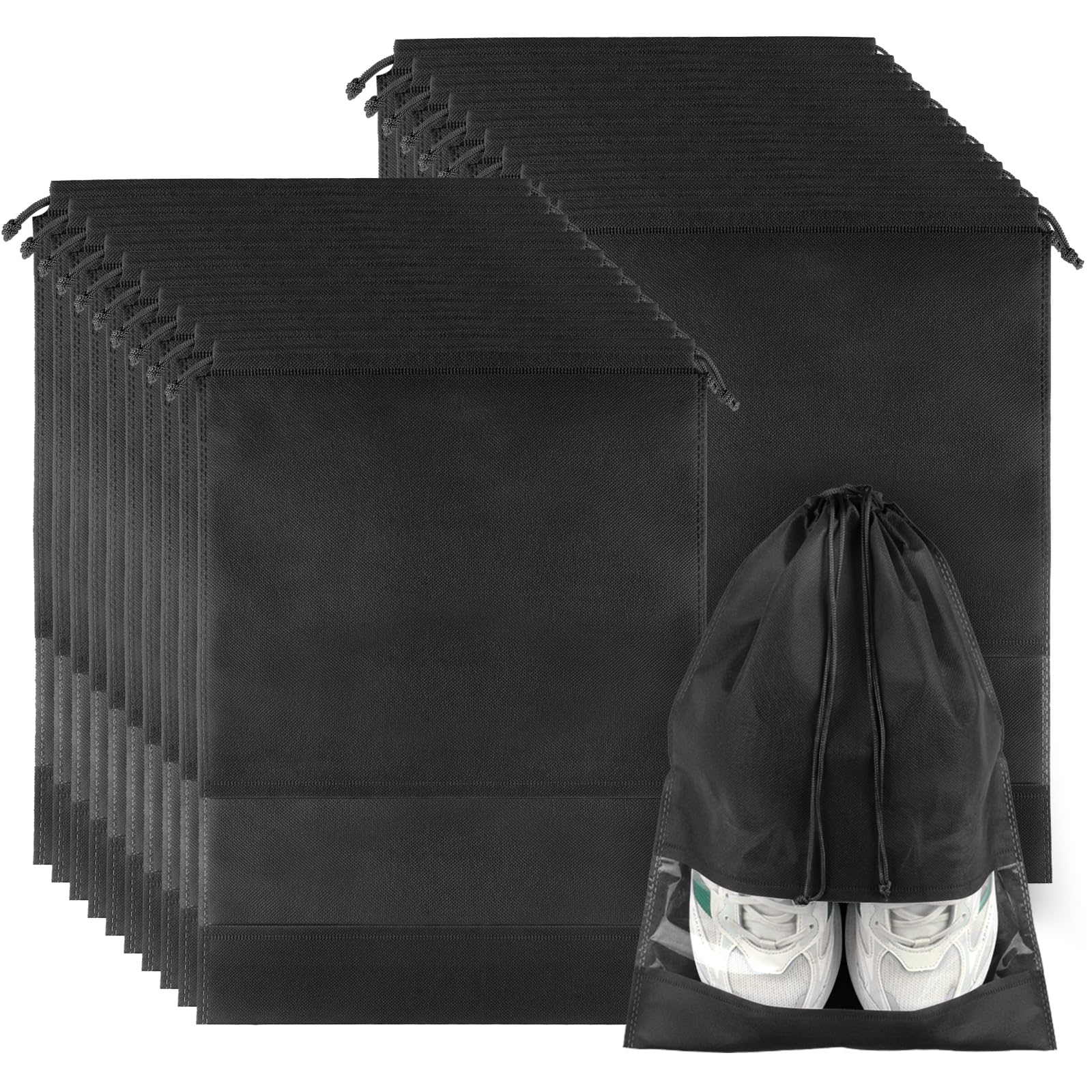 20 Pack Large Clear Window Shoe Bags for Travel - Dustproof Drawstring Shoe Storage Organizers for Men & Women (Black) - Perfect for Packing, Gym, Vacation & Closet Organization