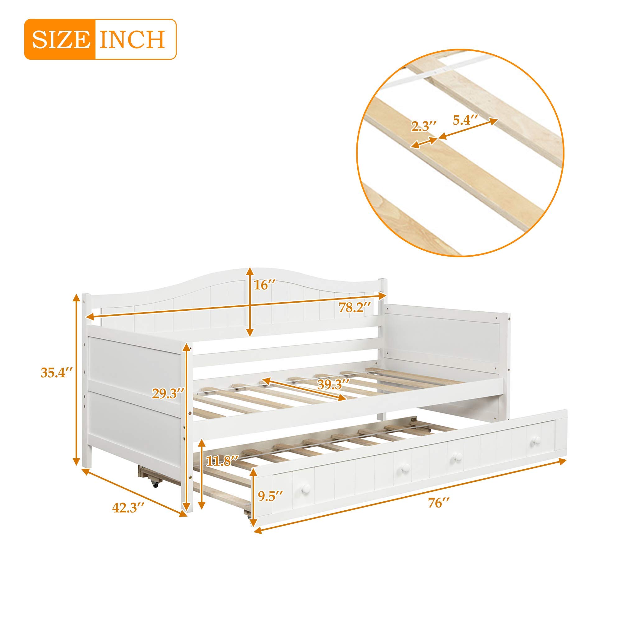 Twin Size Mera Wood Daybed with Trundle - Convertible Sofa Bed Frame, No Box Spring Needed (White) - Perfect for Guest Rooms, Dormitories & Small Space Living