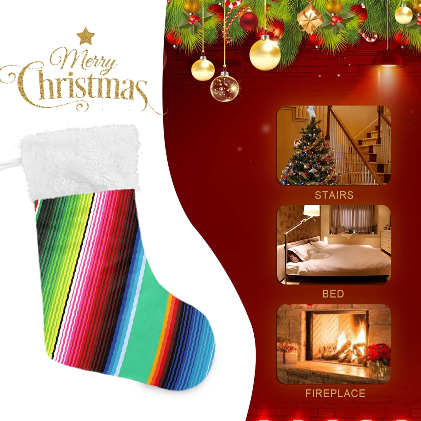 1 Pack Mexican Serape Striped Christmas Stocking - 17.7 Inch Fireplace Hanging Decor for Holiday Home, Party & Gift Exchange | Xmas Mantel Decoration, Festive Seasonal Ornament