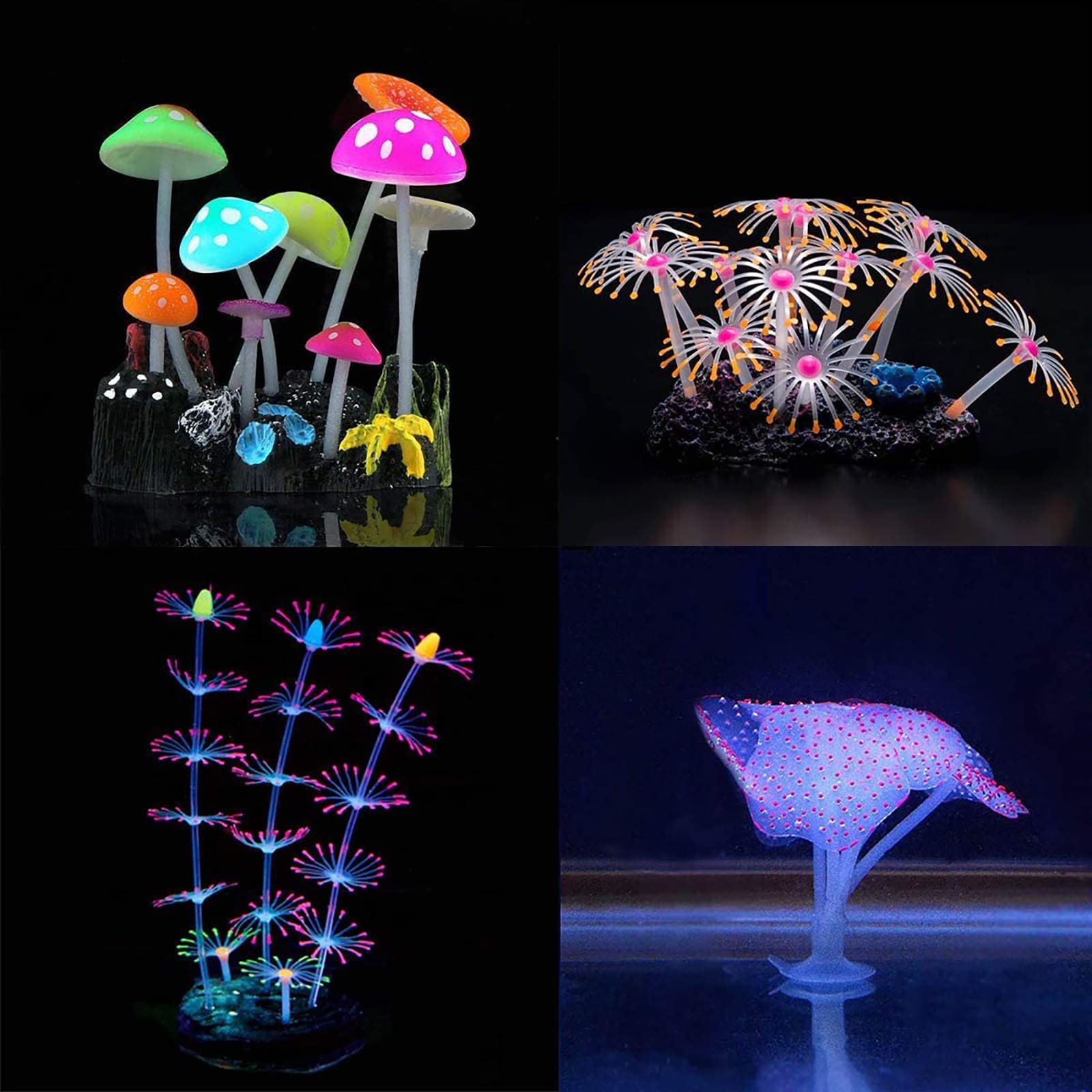 Lifelike Glowing Aquarium Plastic Plants - Set of 4 Mushroom Lotus Coral Decorations for Fish Tank | Underwater Silicone Artificial Plants with LED Glow Effect | Perfect for Home Aquariums, Office Fish Tanks & Aquatic Decor
