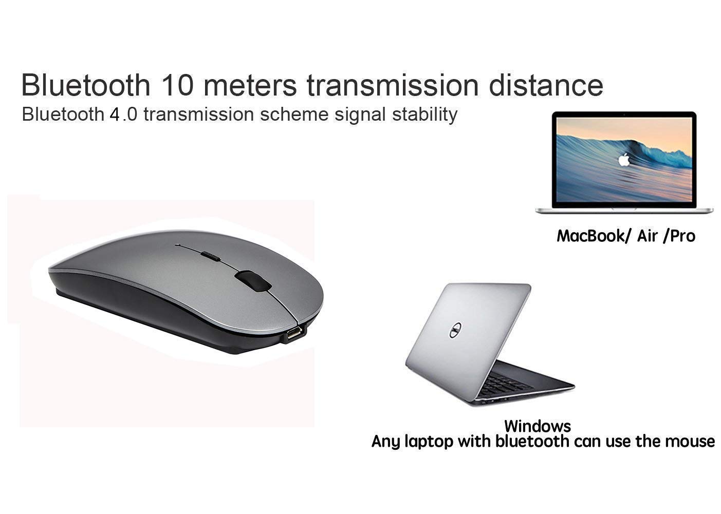 Rechargeable Bluetooth 5.2 Wireless Mouse for MacBook Pro/Air, PC, Laptop, iPad Pro - 2.4G USB Receiver & 3.0 Compatible (Gray) | Perfect for Office Work, Home Use & Travel Computing