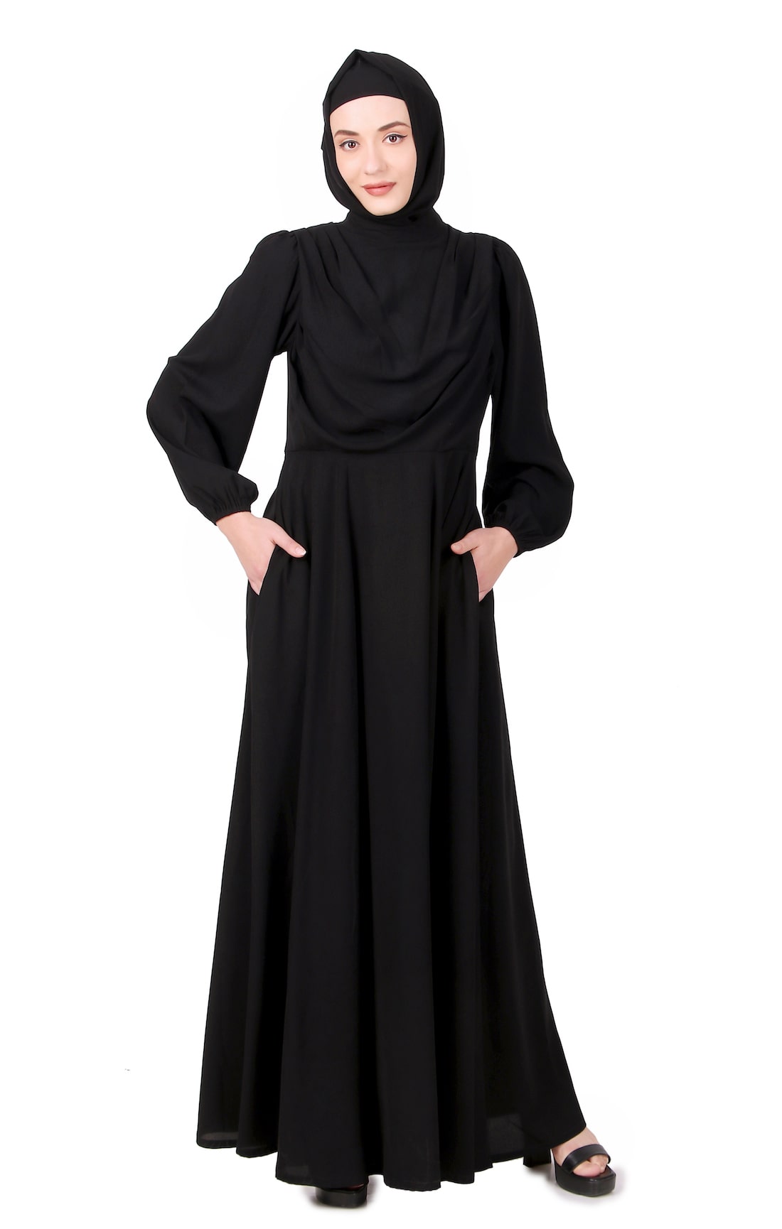 Elegant Black Cowl Neck Nida Abaya - Modest Islamic Dress for Women - Perfect for Prayer, Eid, and Special Occasions