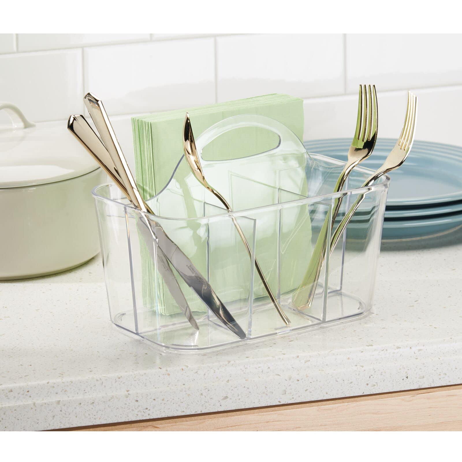 mDesign Plastic Cutlery Storage Organizer with Handle - Kitchen Cabinet Divided Caddy for Forks, Knives, Spoons & Napkins | Indoor Outdoor Use | Clear Lumiere Collection | Perfect for Picnics, BBQs & Dining Organization