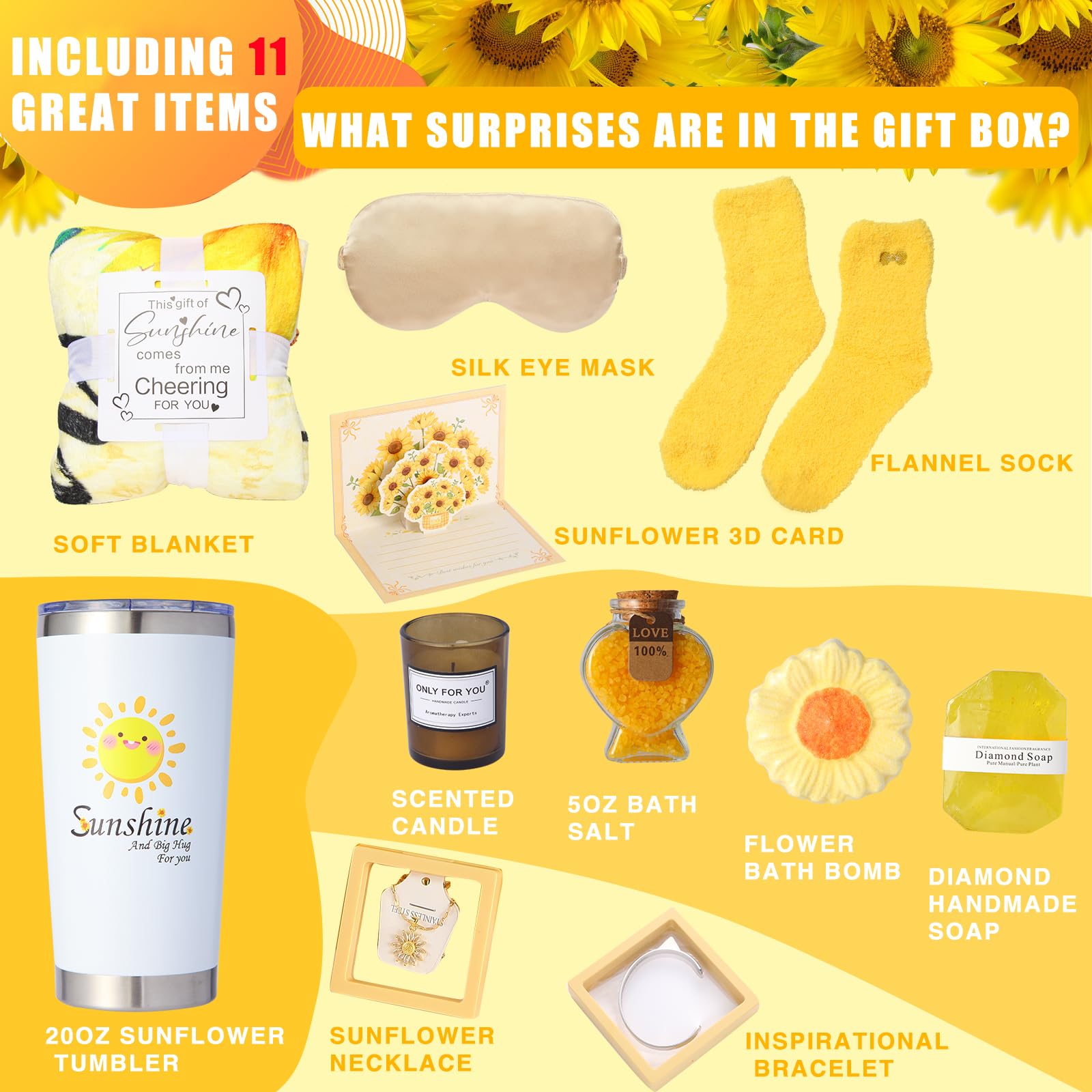 11-Piece Sunflower Self-Care Gift Basket for Women - Inspirational Relaxation Bath Set with Get Well Soon & Birthday Gifts - Perfect Care Package to Cheer Her Up (Large Set) | Ideal for Birthdays, Recovery, Stress Relief & Thoughtful Surprises