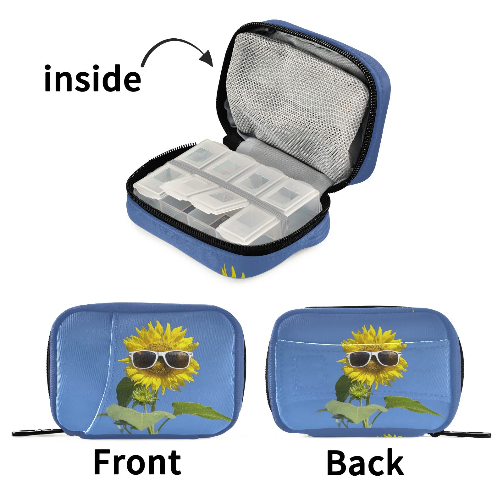 Funny Sunflower 7-Day Pill Organizer - Portable Travel Pill Case with Zipper for Vitamins & Medication | Compact Weekly Pill Box for Home, Office & Travel Use