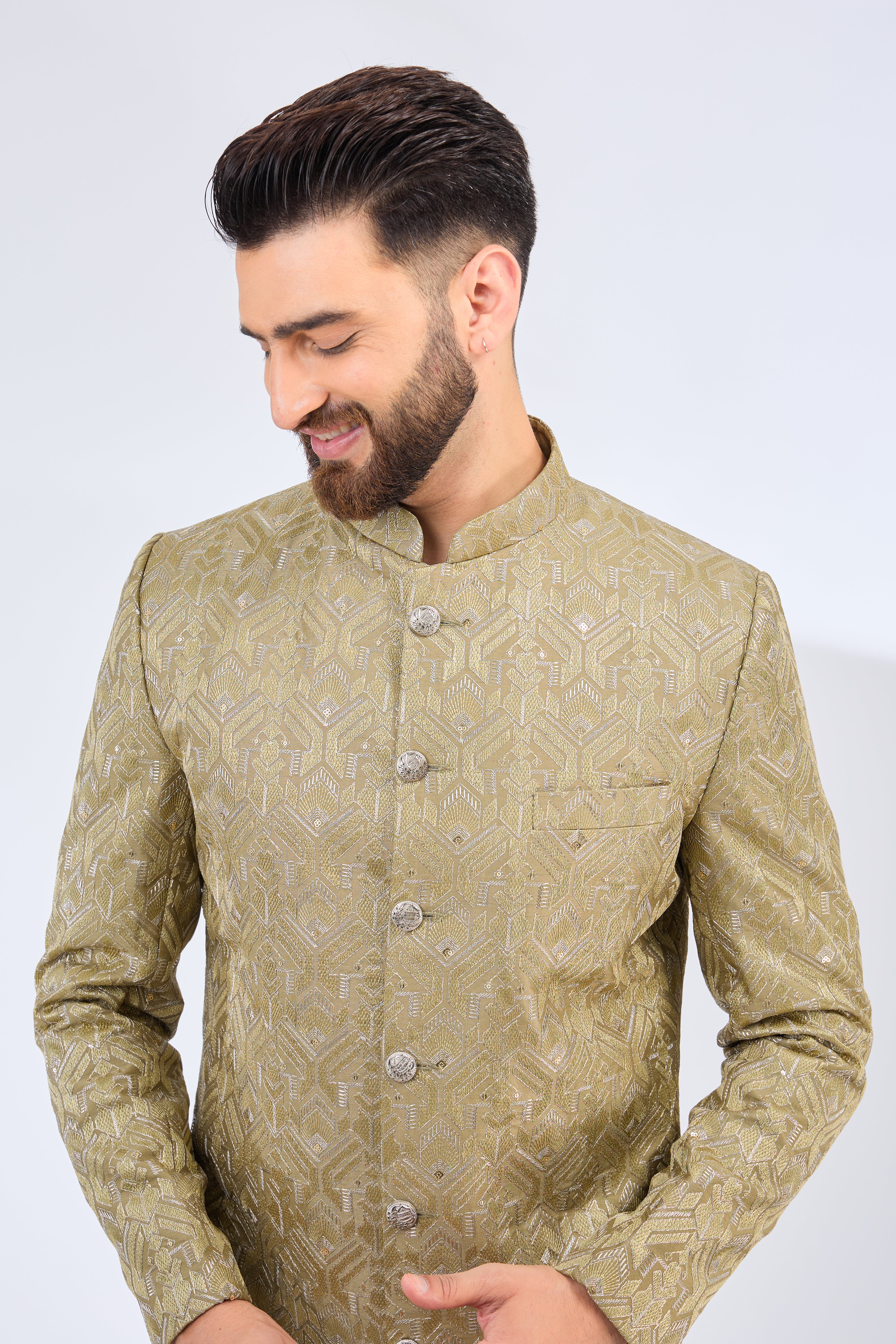 Elegant Mehndi Green Royal Cut Sherwani for Men | Traditional Indian Wedding Attire | Perfect for Grooms, Festivals & Special Occasions