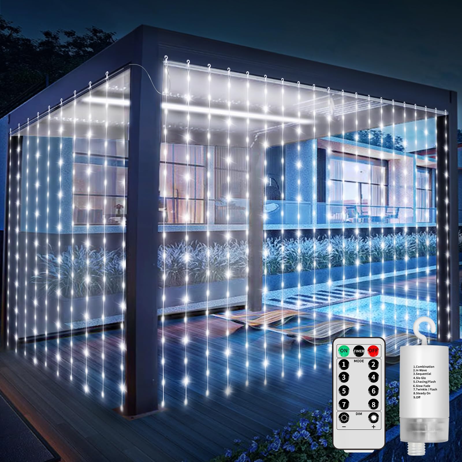 RJEDL 600LED Battery Operated Curtain Lights - 6x3m Waterproof Fairy String Lights with Remote, 8 Lighting Modes for Outdoor Garden, Patio, Gazebo, Party & Valentine's Day Decorations | Perfect for Weddings, Backyard Events and Holiday Lighting