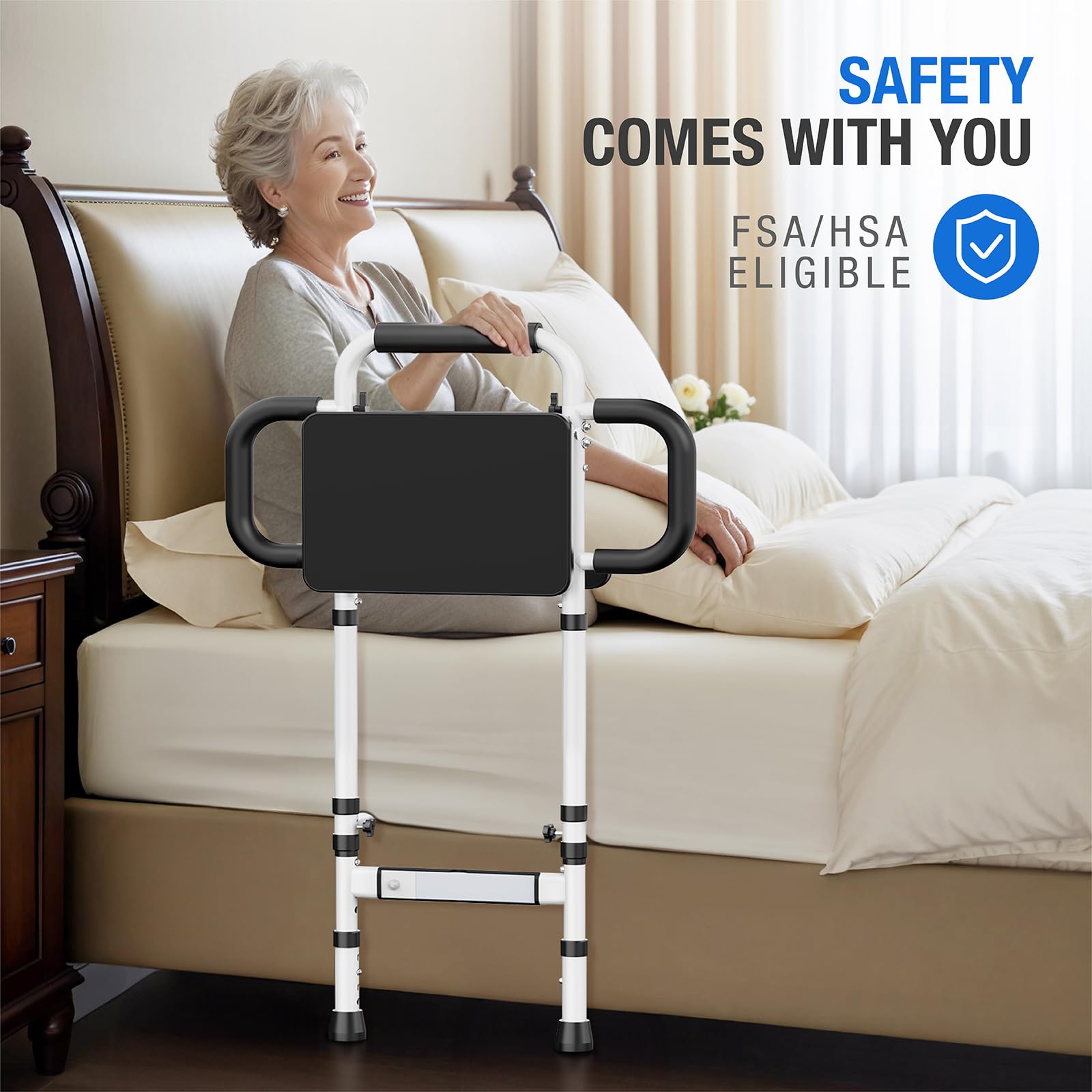 **Adjustable Bed Rails for Elderly Adults - Safety Bed Assist Rail with Non-Slip Handle, Foldable Desk & Motion Sensor Light - Supports Up to 350 lbs - FSA/HSA Eligible - Fits King, Queen, Full & Twin Beds - Ideal for Home Care, Hospitals & Mobility Assistance**