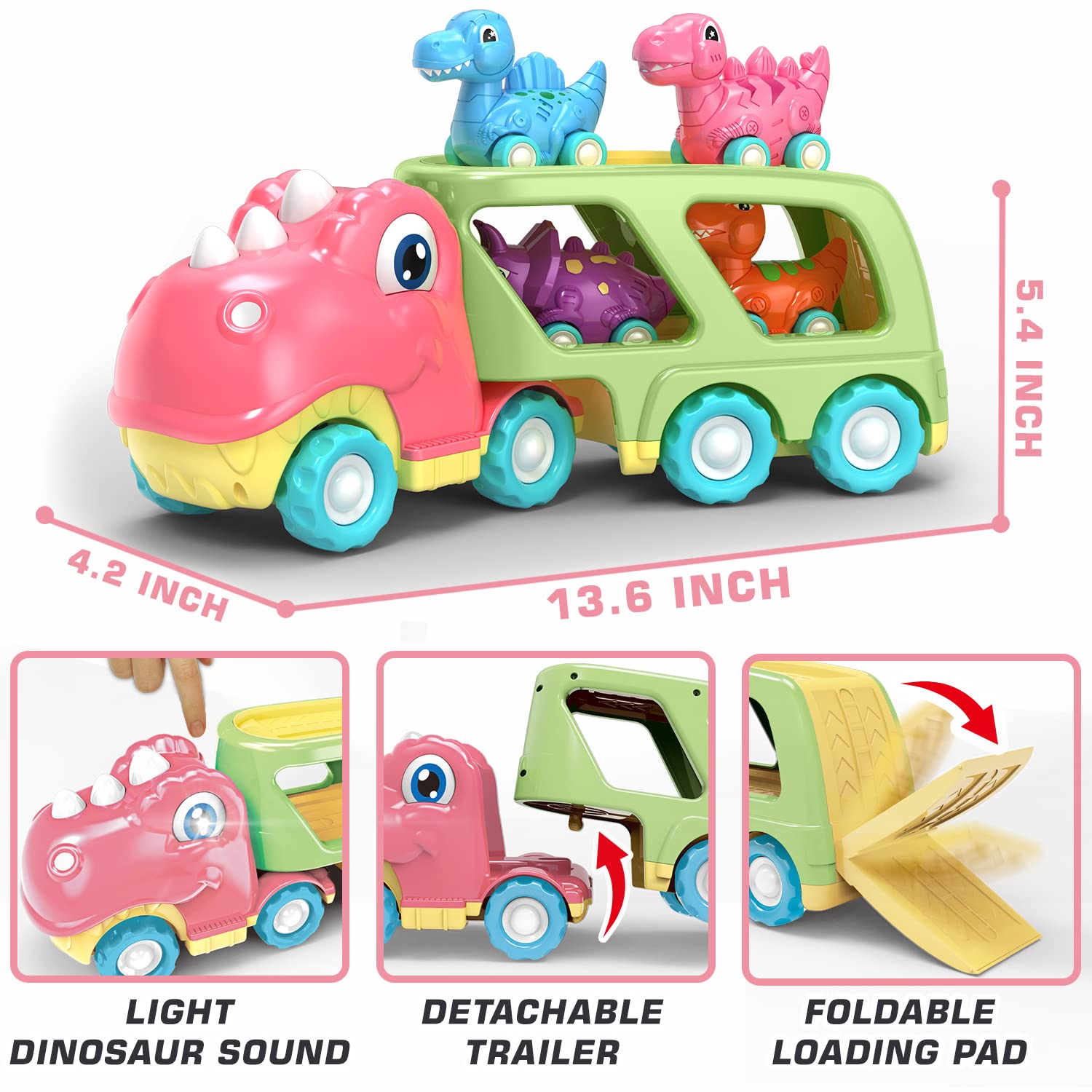 Dinosaur Car Toy for Toddler Girls - Pink Dino Carrier Truck with 4 Mini Pull Back Cars, Realistic Lights & Sounds | Educational Toys for Kids Ages 3+ | Perfect Birthday Gift & Pretend Play for Preschoolers