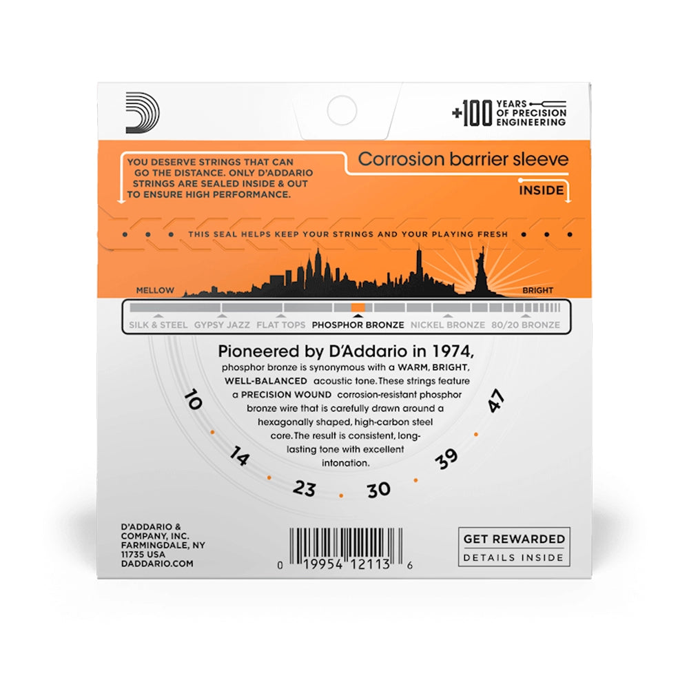 D'Addario EJ15 Phosphor Bronze Acoustic Guitar Strings - Extra Light 10-47 Gauge - Warm & Bright Tone for Folk, Country & Fingerstyle Playing