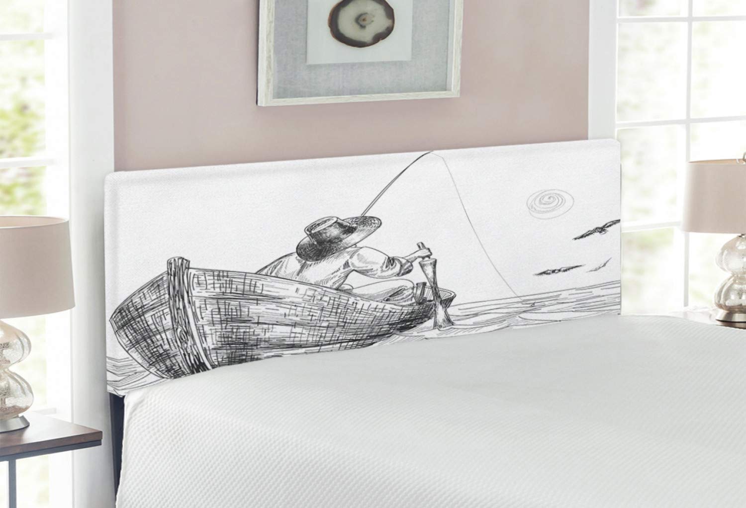 Ambesonne Seagulls Headboard - Fisherman in Boat Pencil Sketch Design, Upholstered Metal Bed Headboard with Memory Foam, Full Size, Charcoal Grey & White - Perfect for Coastal & Nautical Bedroom Decor