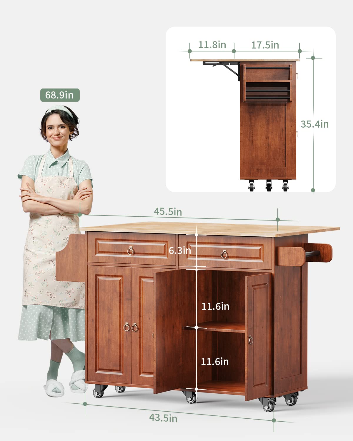 Brown Kitchen Island Cart with Drop Leaf, 2 Drawers & Spice Rack - Mobile Storage Cabinet with Towel Holder for Small Spaces - Perfect for Apartments, Dorms & Compact Kitchens