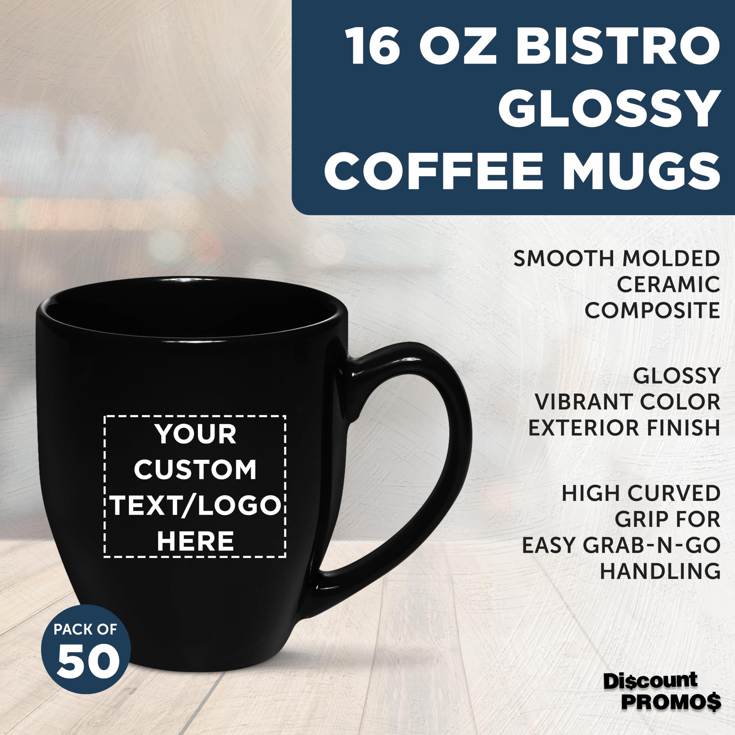 Custom 16 oz Large Coffee Cups - Bulk Pack of 50 Personalized Black Mugs - Perfect for Tea, Espresso, Cappuccino & Hot Cocoa - Ideal for Cafes, Offices & Home Use