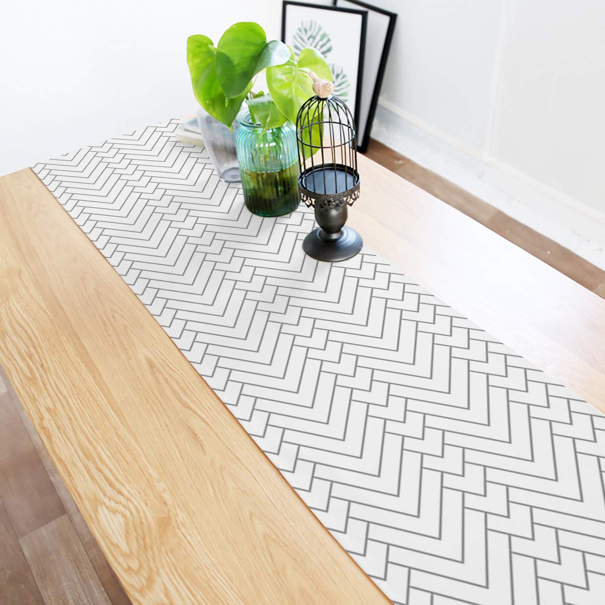 White Striped Cotton Linen Table Runner - Non-Slip Chevron Burlap Rectangle Kitchen Tablecloth (14x72 Inch) for Holiday Dinner Parties, Wedding Decor & Home Dining - Perfect for Farmhouse, Rustic and Boho Style Tablescapes