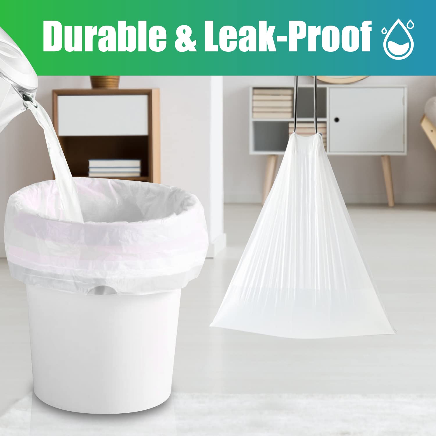 CHARMONT 4 Gallon Drawstring Trash Bags - 60 Count Small Unscented Garbage Can Liners for Bathroom, Office & Kitchen Waste Disposal