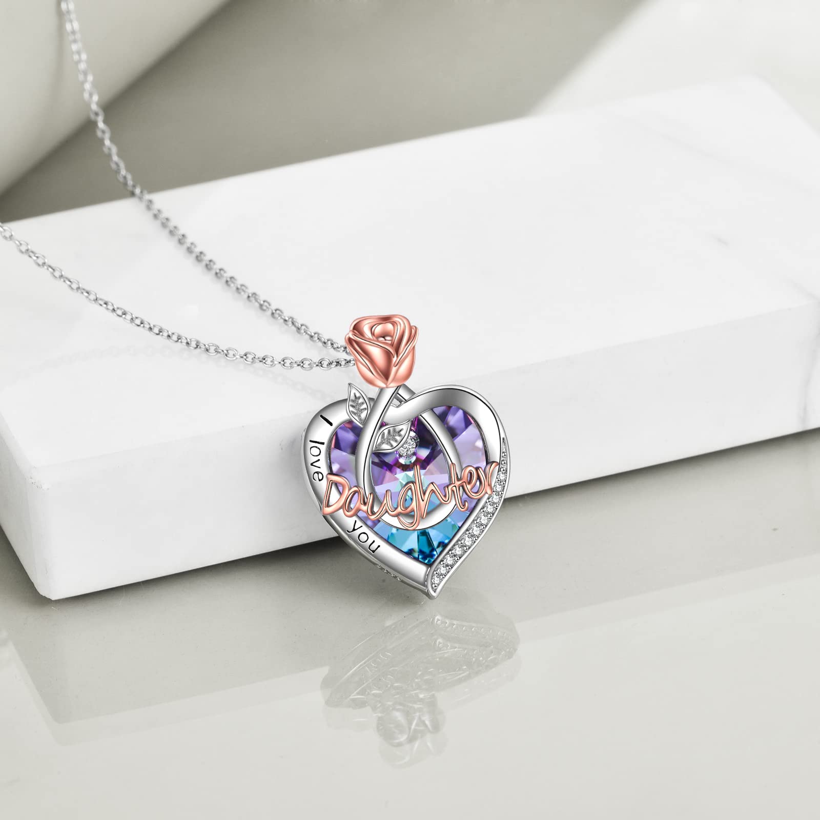 POPKIMI Sterling Silver Rose Flower Heart Jewelry - 925 Silver Crystal Pendant Necklace for Women, Mom, Grandma, Wife, Daughter - Perfect Birthday, Anniversary, Mother's Day Gift for Her - Elegant Jewelry for Weddings, Parties & Special Occasions