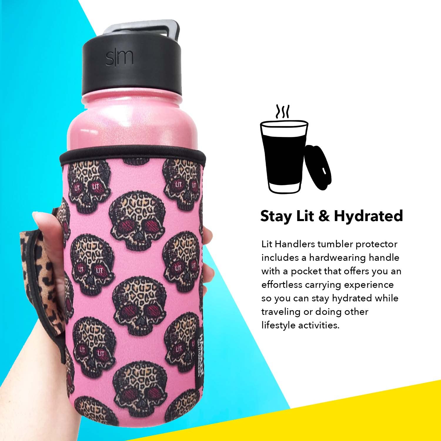 Lit Handlers Insulated Neoprene Tumbler Sleeve with Handle & Pocket - 30-38oz Leopard Print Cup Cover for Beer, Cans & Shaker Bottles - Water Resistant Drink Holder for Coffee, Travel & Gym Use