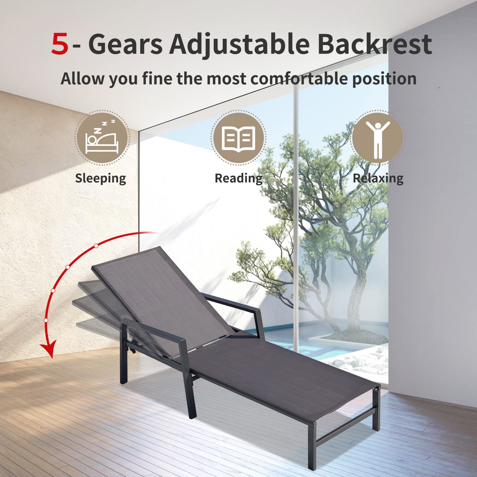 2-Pack Adjustable Aluminum Chaise Lounge Chairs with Armrests - Outdoor Patio Furniture for Poolside, Beach, Balcony, Lawn & Yard - Weather-Resistant Grey Lounge Chairs Set (Perfect for Sunbathing, Relaxing & Outdoor Lounging)